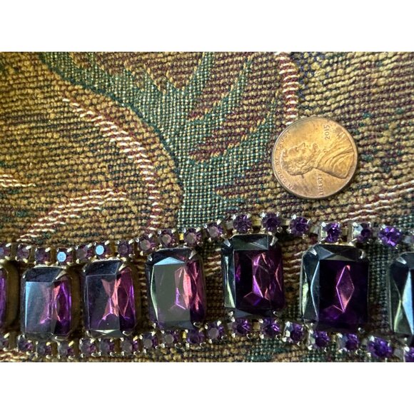 Vintage Purple Rhinestone Bracelet With Rectangular & Round Stones Gold-Tone - Picture 6 of 7